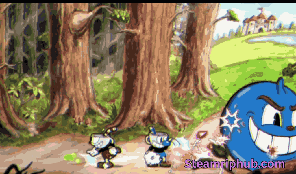 Cuphead and Mugman running in gameplay