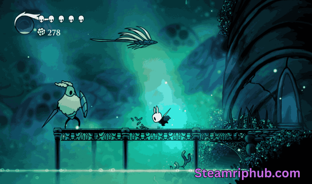 Hollow Knight boss fight scene with a large insect enemy