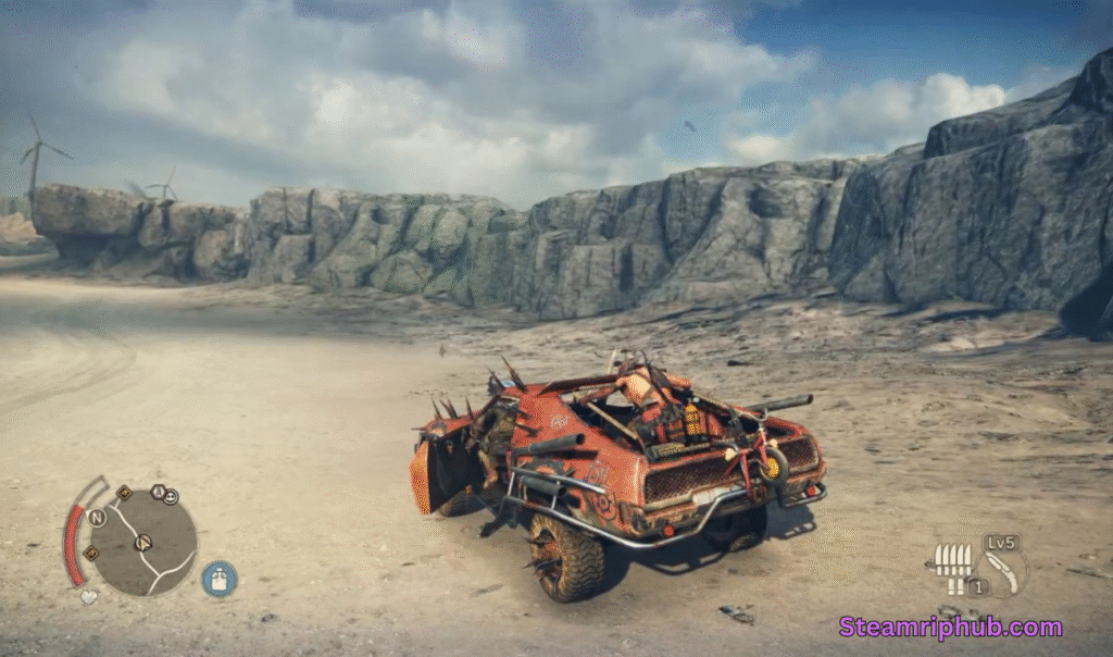 Mad Max game character with car in desert