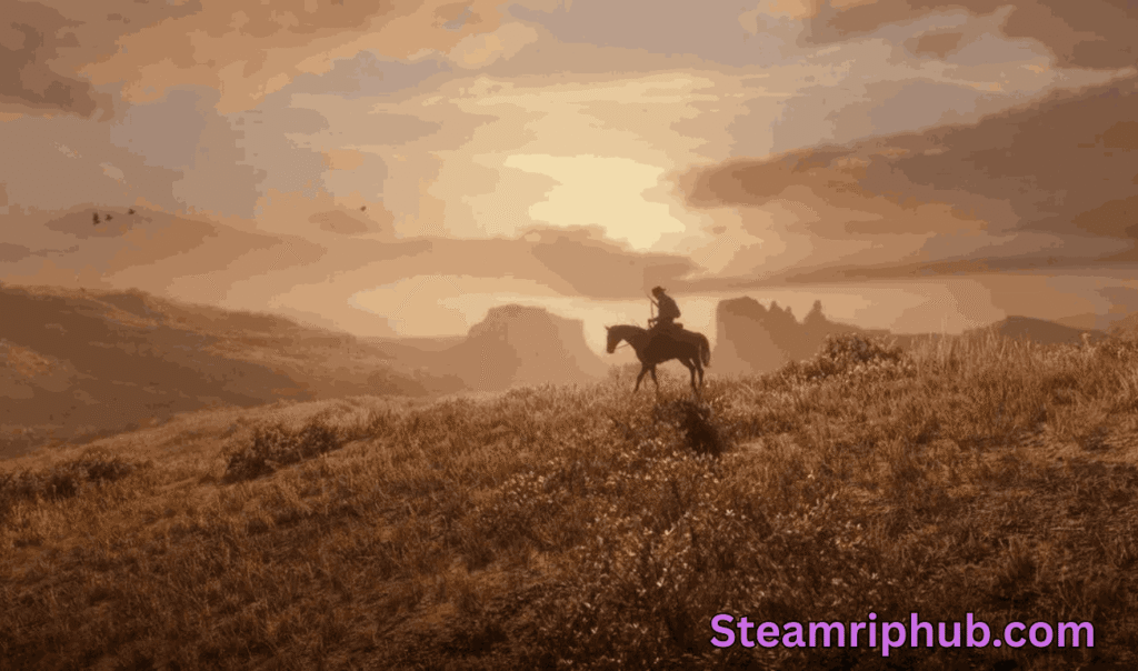 RDR2 cinematic sunset over open-world landscape