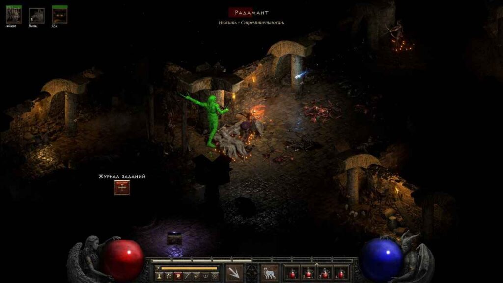Diablo II gameplay showing Sorceress casting fireball